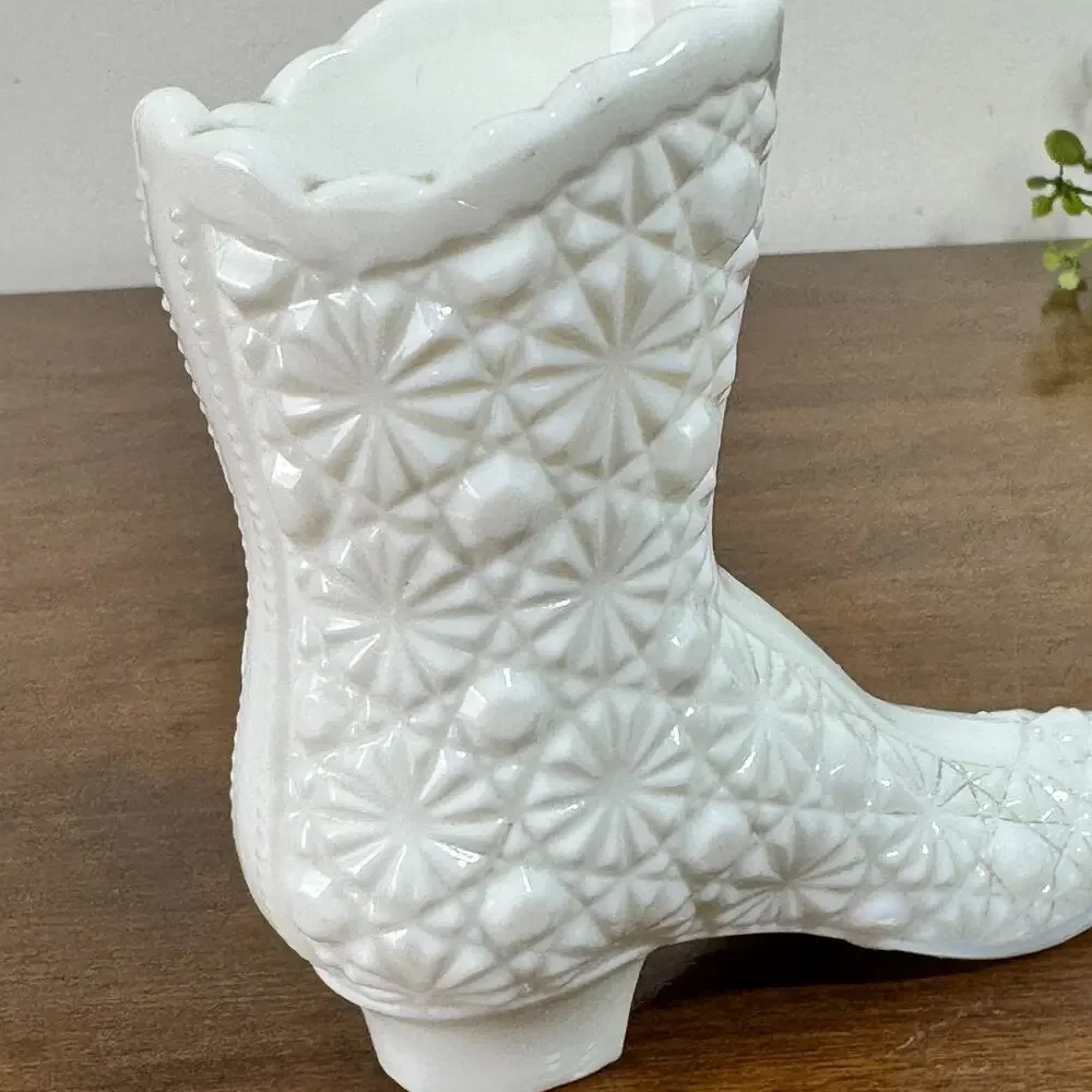 Fenton Vase White Milk Glass Boot Figurine Daisy and Button Pattern 4 